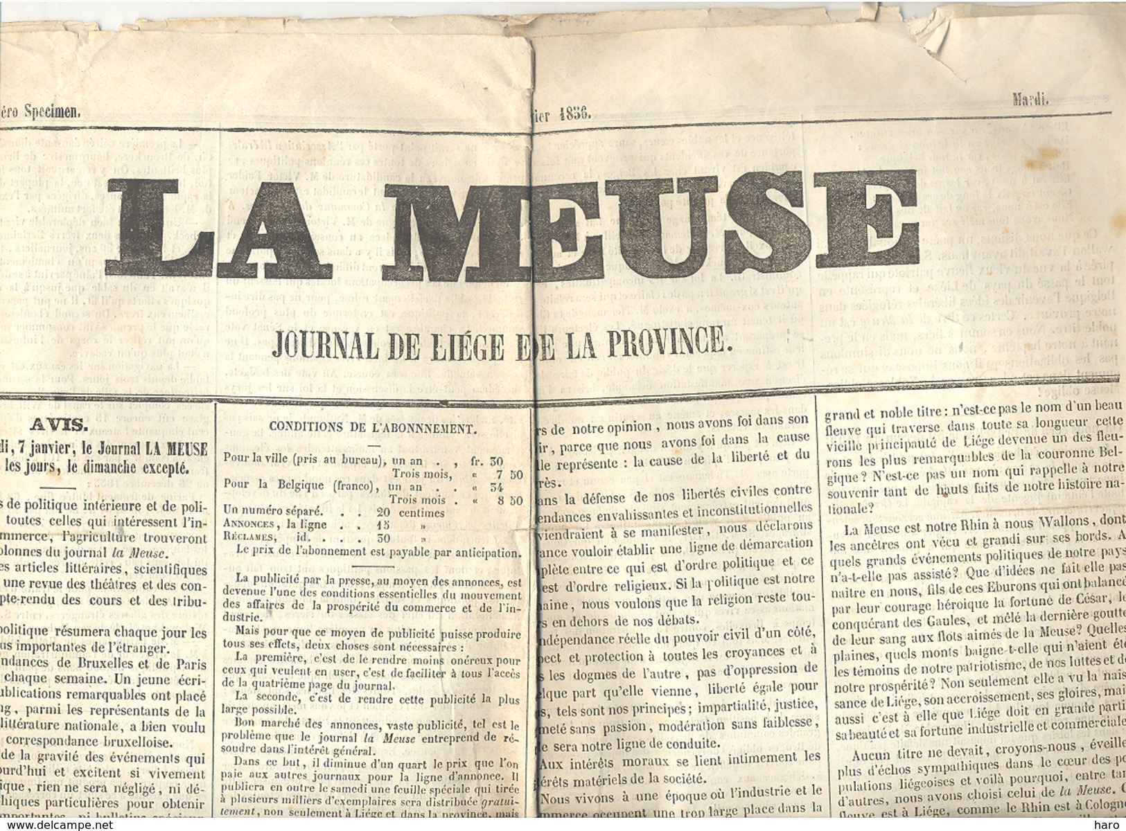 !! TOP  Journal : " La Meuse "  Liège Et Province - Numéro Spécimen Daté Du 1er Janvier 1856 - Lire Descriptif !! (b205) - 1850 - 1899