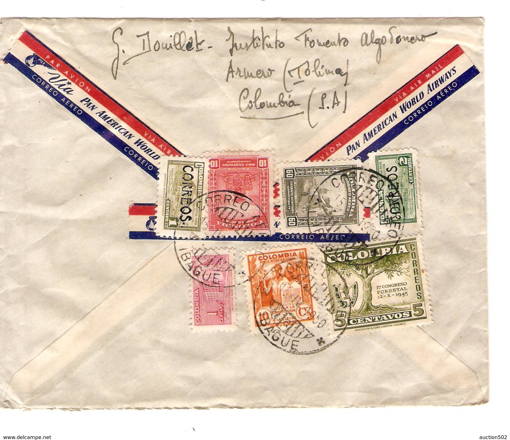 Columbia-Colombie Air Mail Cover C.Ibague 15/4/1950 To Belgium PR4615 - Colombia