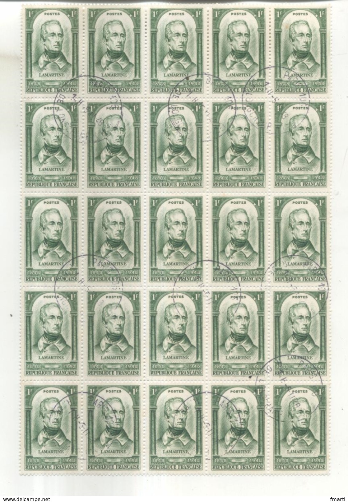 France YT 795 Lamartine (feuille De 25 Timbres Oblitérés) - Gebraucht