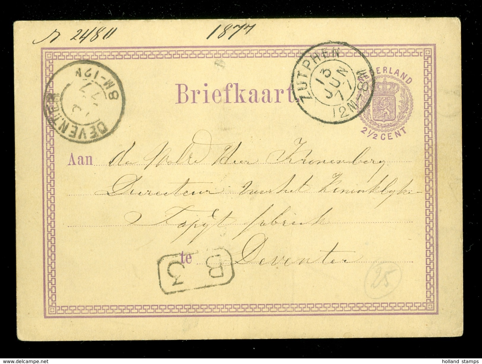 HANDGESCHREVEN  BRIEFKAART Uit 1877 Gelopen Van ZUTPHEN Naar DEVENTER   (10.628p) - Postal Stationery