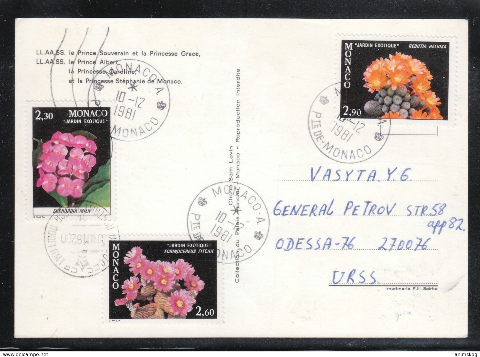 Monaco 1981, Postkarte In Die UdSSR, Kaktus / Monaco 1981, Postcard To USSR, Cactus - Sukkulenten