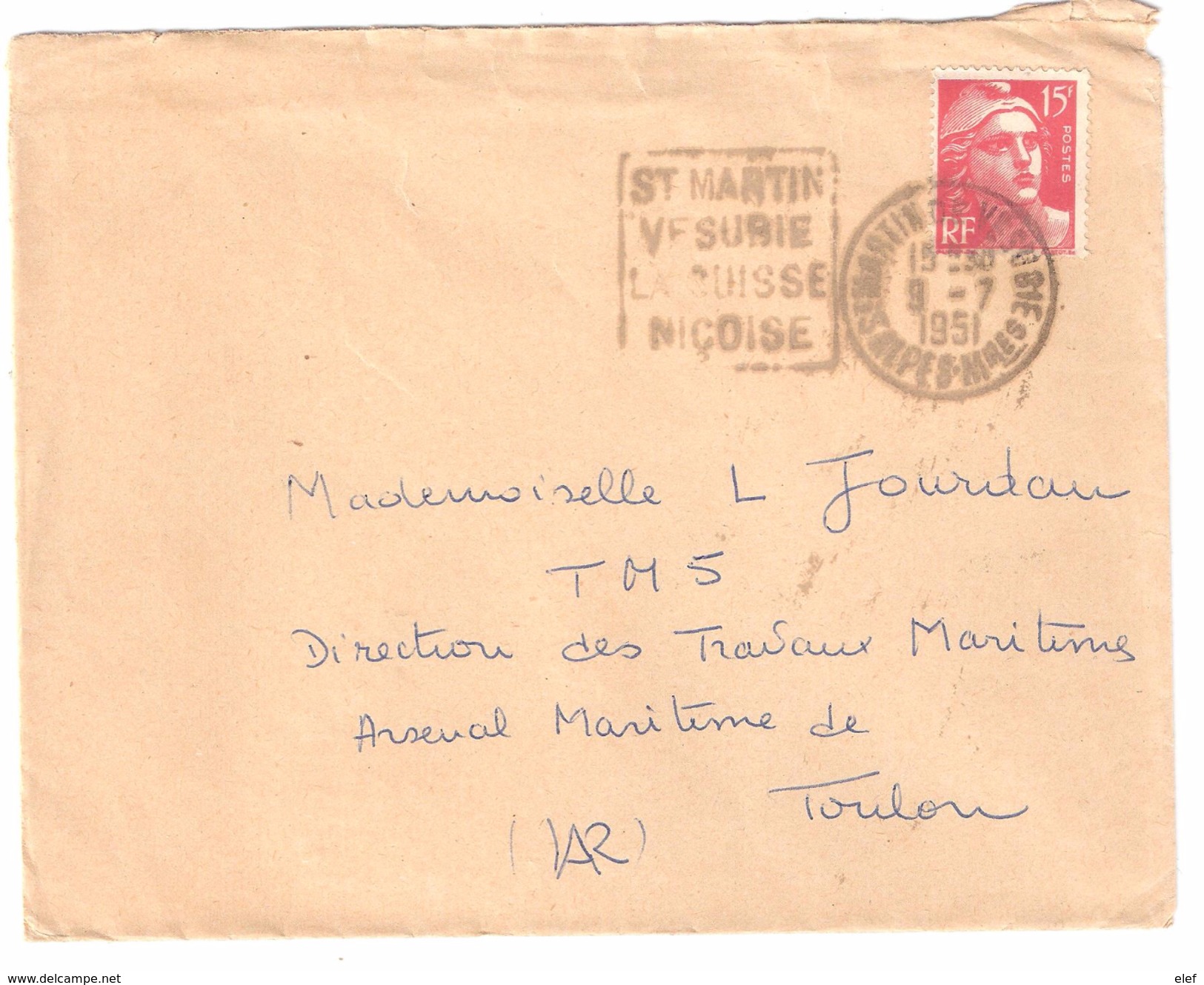 Lettre Cachet + Flamme DAGUIN St MARTIN DE VESUBIE LA SUISSE NICOISE , Alpes Maritimes, Sur GANDON 15 F N° 813,1951 TB - Oblitérations Mécaniques (flammes)