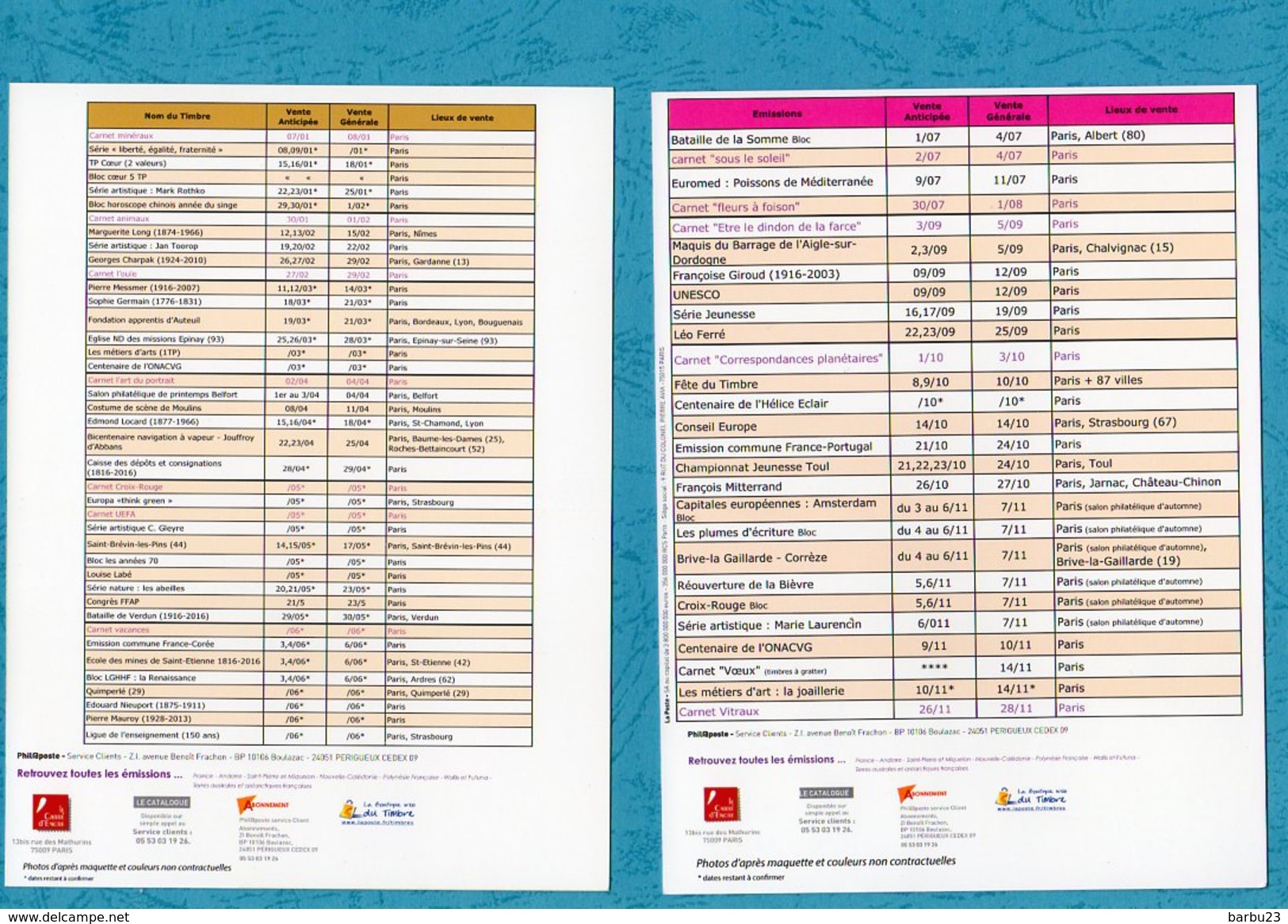 Programme Philatelique 2016 Lot De 2 Cartes 1er Et 2é Semestres - Other & Unclassified