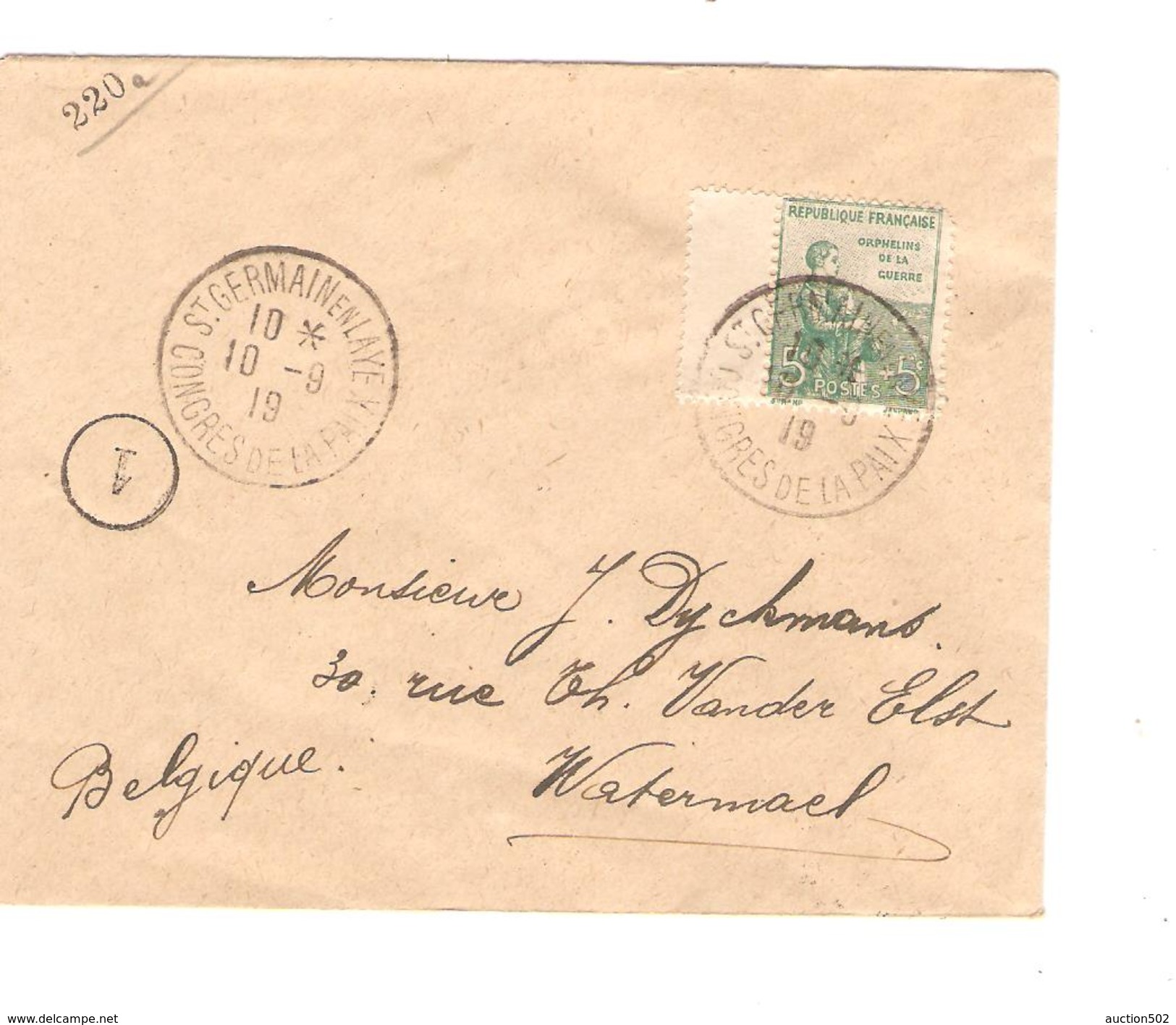 France TP 149 Surtaxe S/L.c.St.Germain En Laye Congrès De La Paix 10/9/19 V.Belgique Watermael C.d'arrivée PR4636 - 1877-1920: Période Semi Moderne