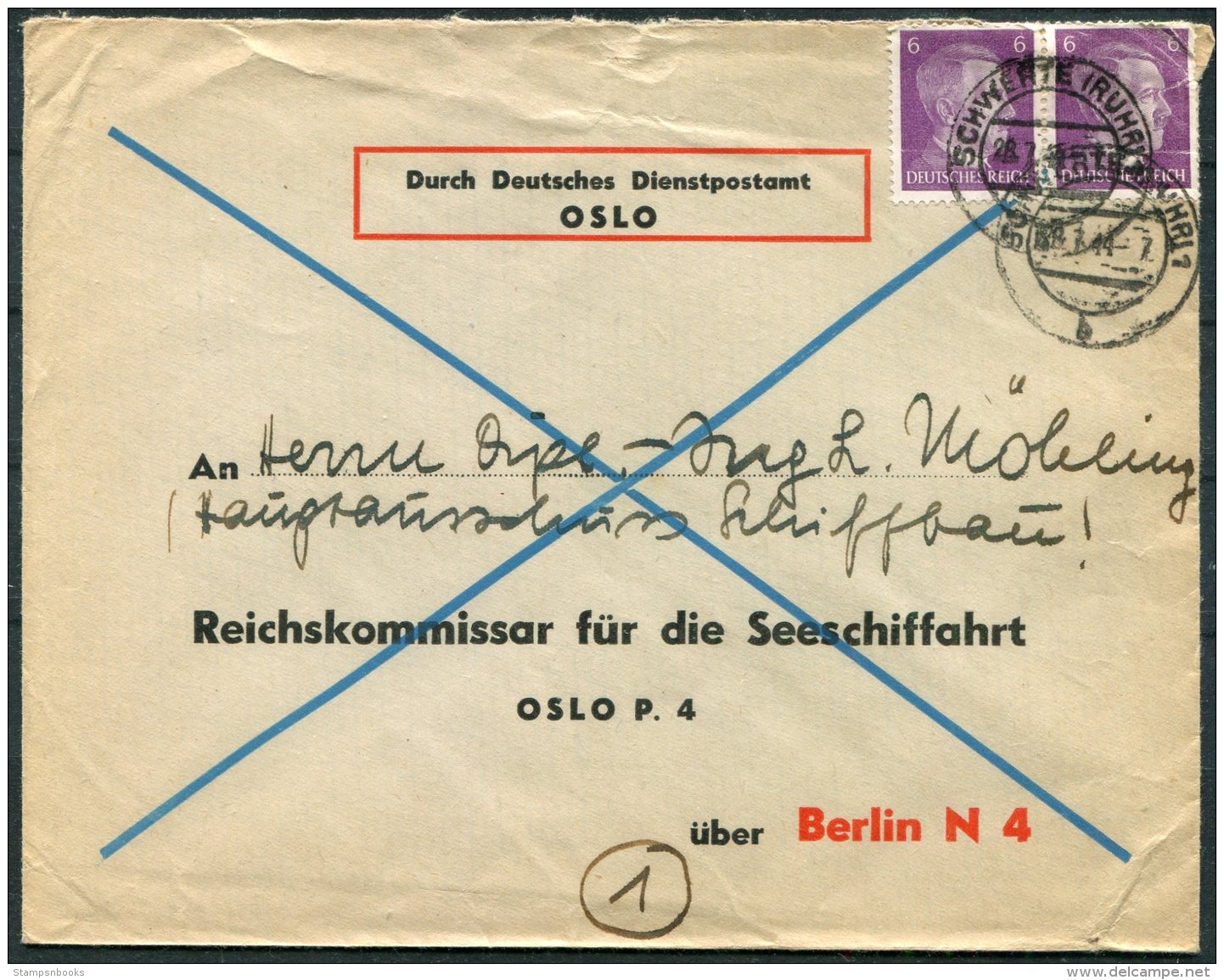 1944 Norway Germany, Durch Deutsches Dientspostamt DDP Cover - Oslo P4 Reichskommissar Fur Die Seeschiffahrt - Briefe U. Dokumente