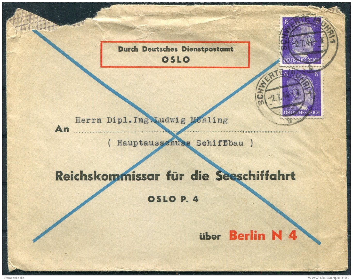 1944 Norway Germany, Durch Deutsches Dientspostamt DDP Cover - Oslo P4 Reichskommissar Fur Die Seeschiffahrt - Briefe U. Dokumente