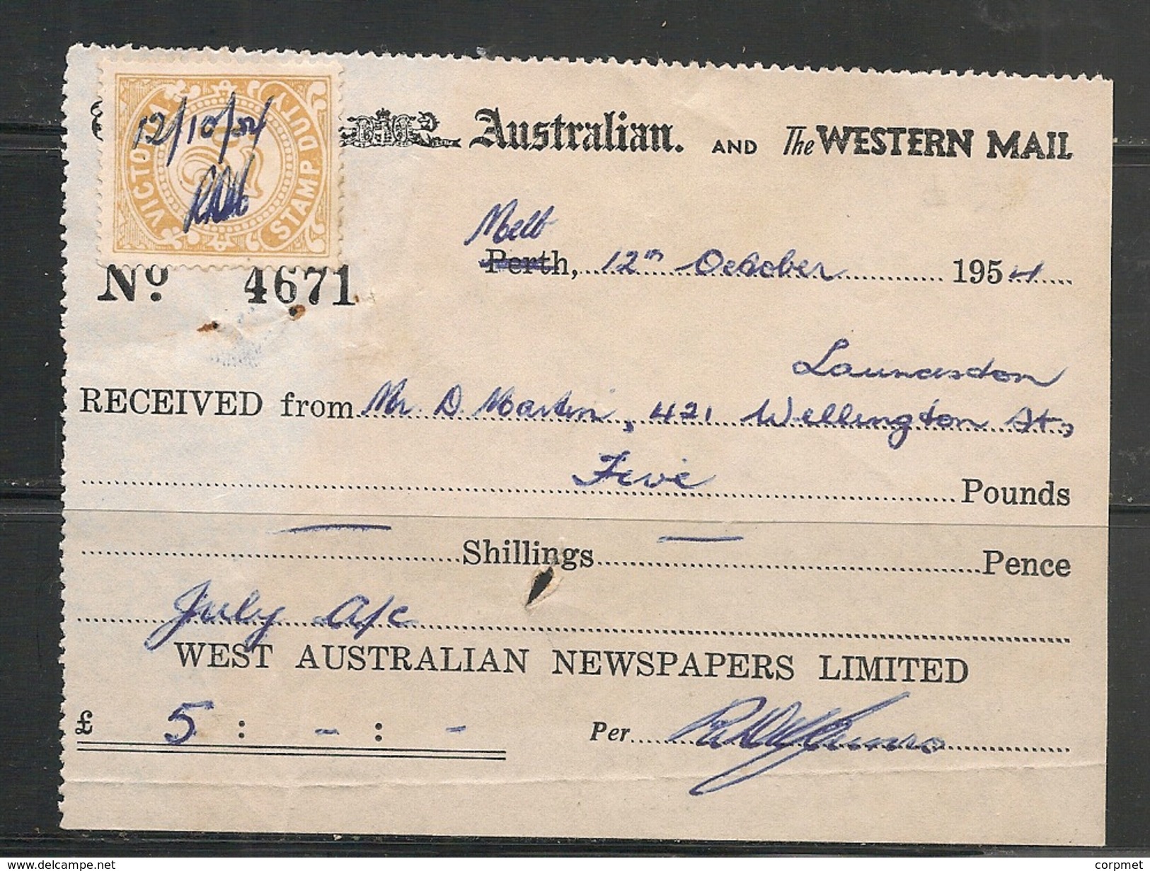 AUSTRALIA - 1954 NEWSPAPER RECEIPT With STAMP DUTY - Fiscali