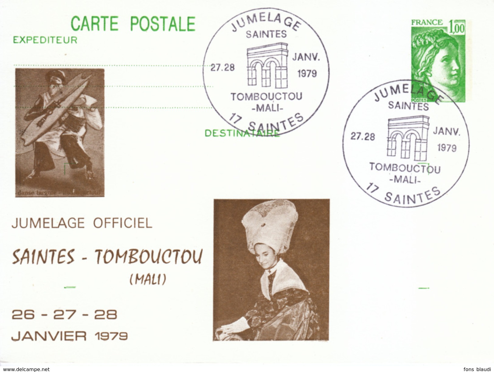 1979 - Entier Postal Repiqué Type Sabine -  Jumelage Saintes Avec Tombouctou - FRANCO DE PORT - Postales  Transplantadas (antes 1995)