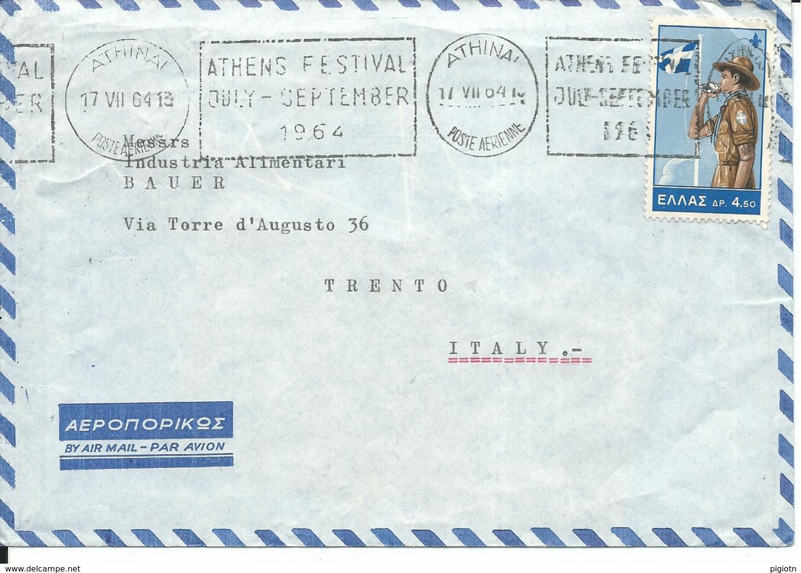 VE286 -  LETTERA DALLA GRECIA A TRENTO - 1964 - Storia Postale