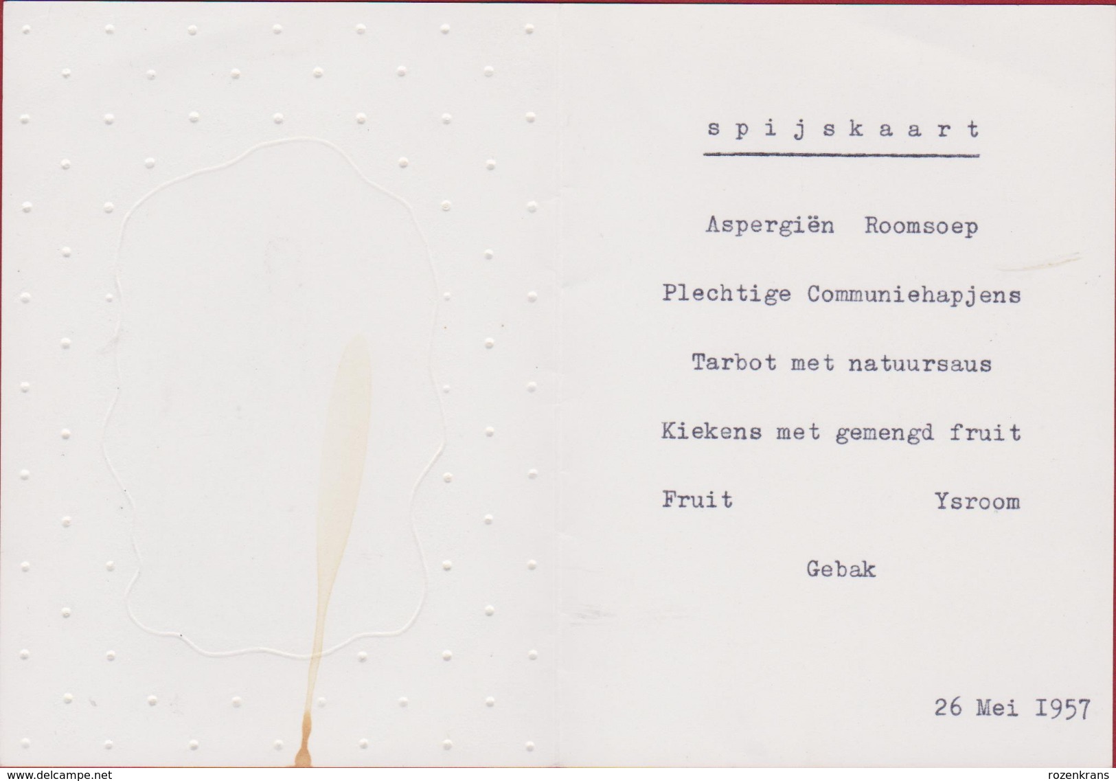 Oude Menu 1957 Old Communie Feest Holy Communion Belgium Flanders Spijskaart - Menus