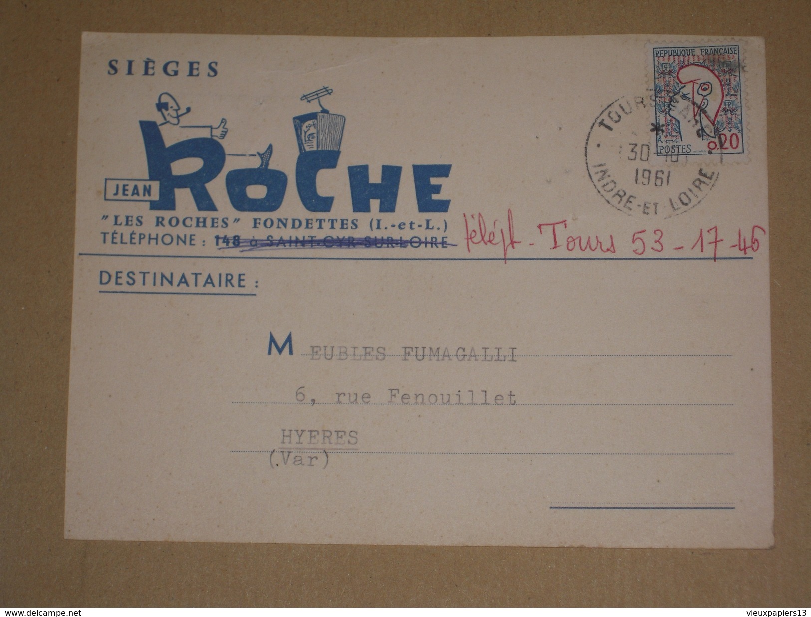 37 Tours - Carte Pub Illustrée Sièges JEAN ROCHE Les Roches Fondettes - Accusé Réception Commande 1961 - Fondettes