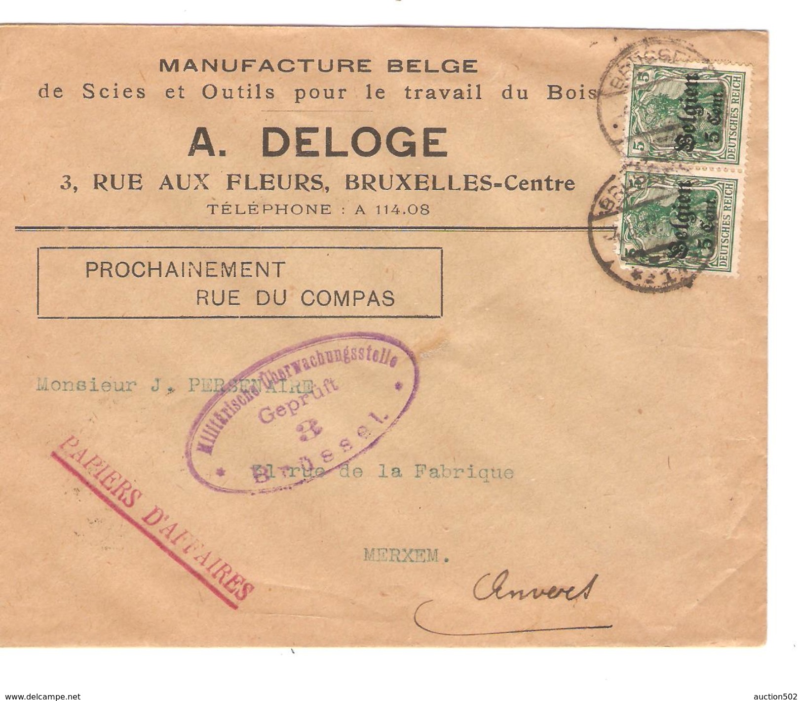Guerre-Oorlog 14-18 TP Oc 11(2) Papier D'affaire A.Deloge Travail Du Bois BXL C.Brüssel 1917 Censure V.Anvers PR4646 - OC26/37 Etappengebiet