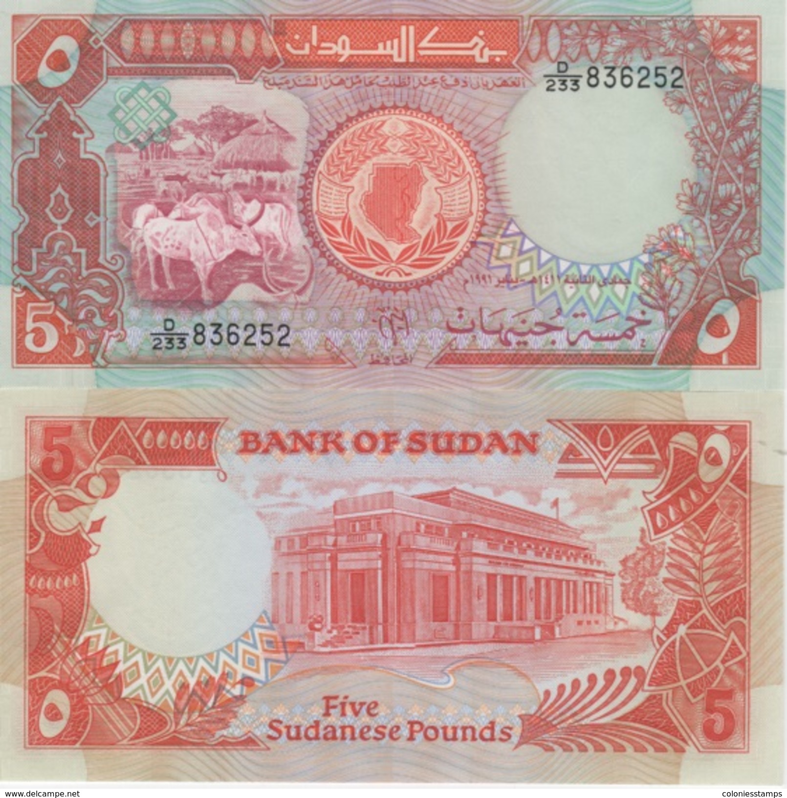 (B0123) SUDAN, 1991. 5 Pounds. P-45. UNC - Sudan