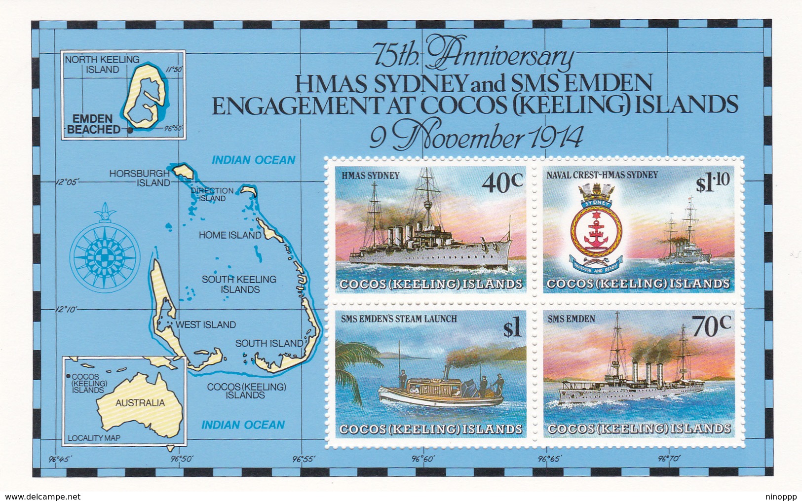 Cocos (Keeling) Islands SG 218 MS 1989 Naval Engagement Souvenir Sheet MNH - Cocos (Keeling) Islands