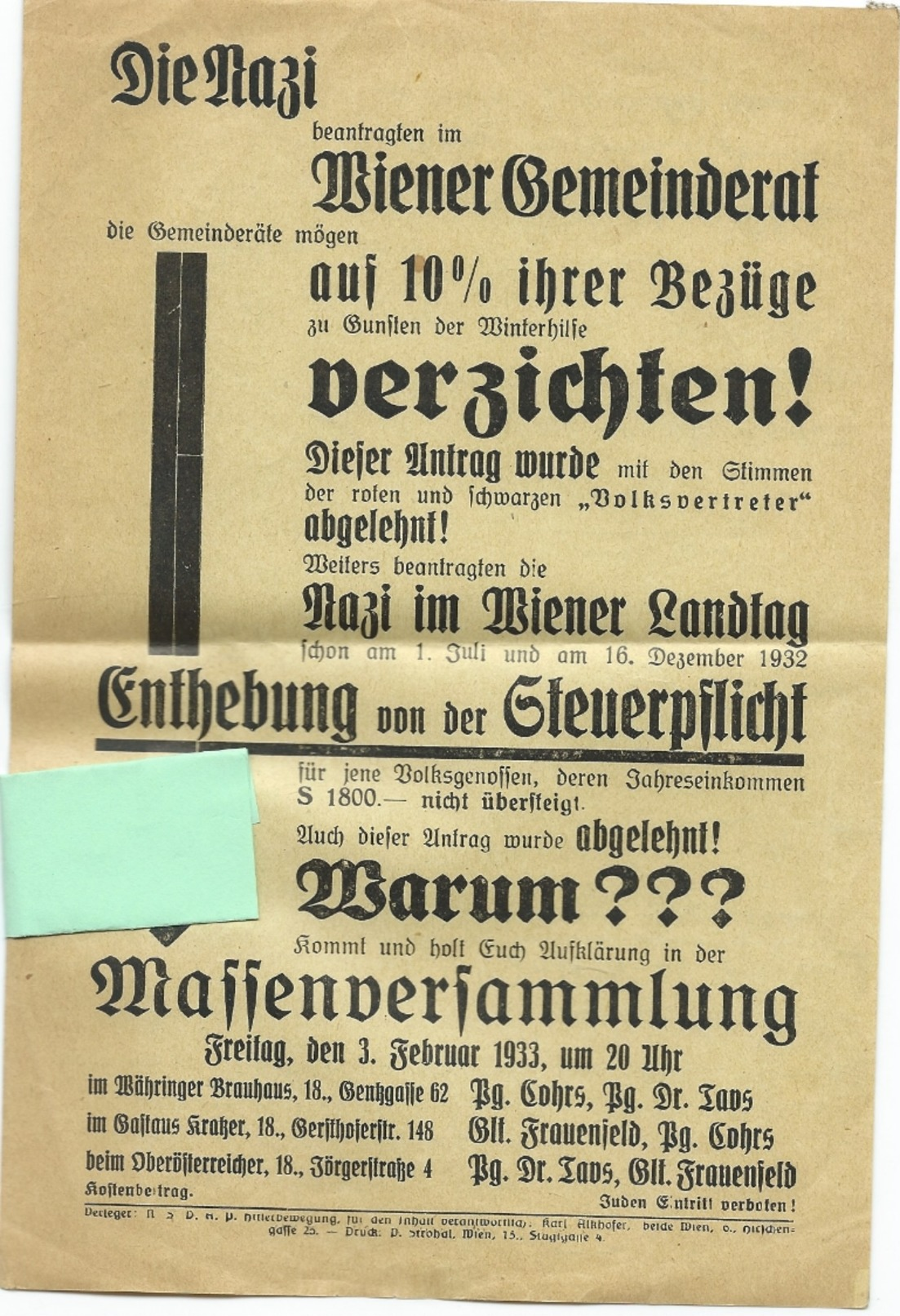 Öst./DR Propagandaflugblatt "Die Nazi Beantragten Im Wiener Gemeinderat ...",Aufruf Massenversammlung Am 3.2.1933 - Historische Dokumente