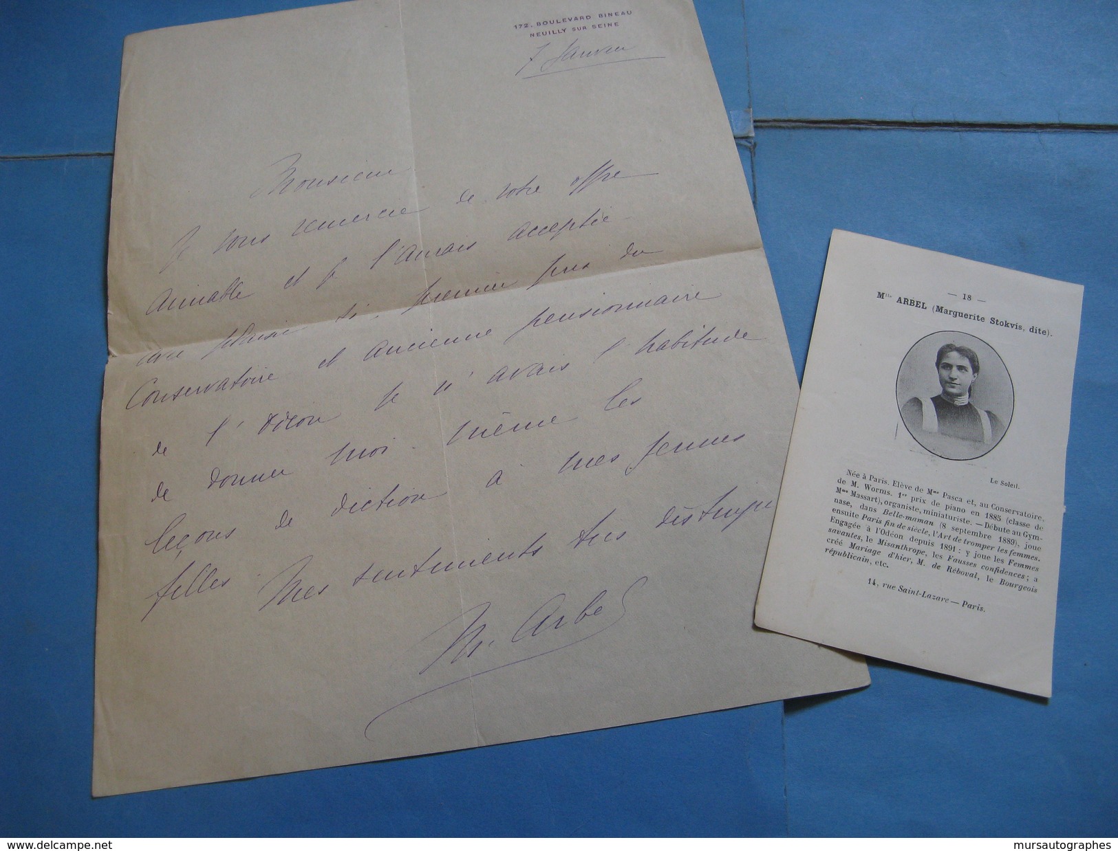 LETTRE AUTOGRAPHE SIGNEE DE MARGUERITE STOKVIS DITE ARBEL 1900 COMEDIENNE ODEON GYMNASE DICTION  à PAUL DECOUD - Autres & Non Classés