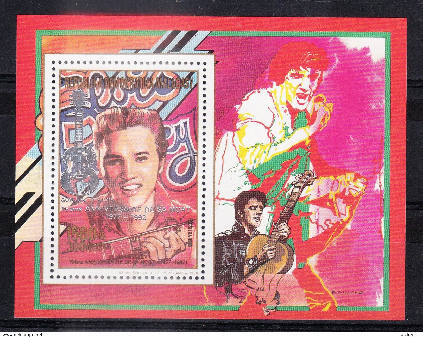 MADAGASCAR - 1993 - Feuillet 1245 - Elvis PRESLEY - 15e Anniversaire De Sa Mort (surcharge Argent En Français) - Madagaskar (1960-...)