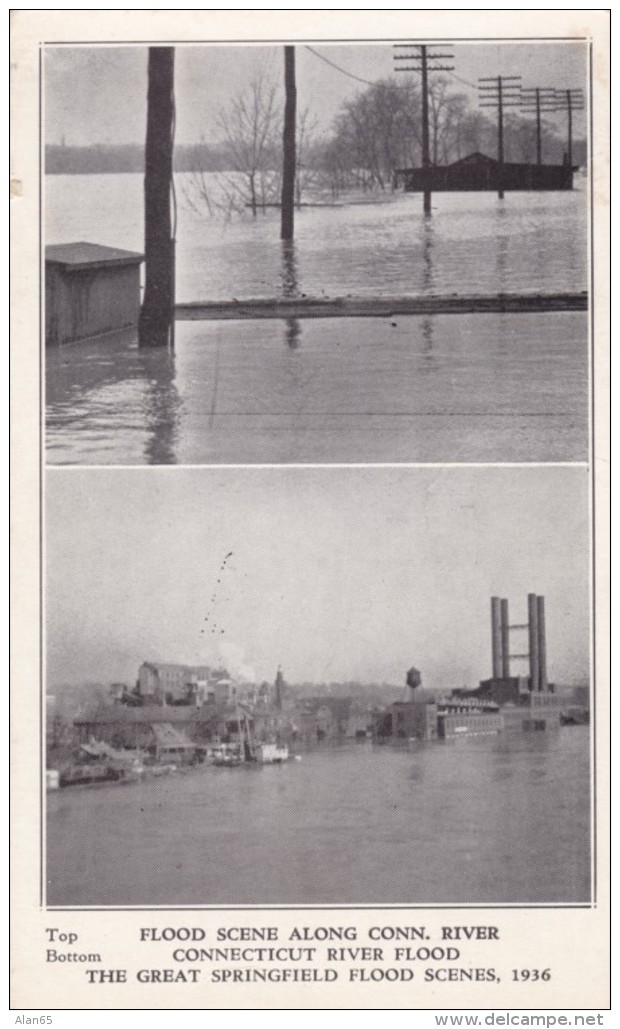 Springfield Massachusetts, 1936 Flood Scenes, Town Along Connecticut River, C1930s Vintage Postcard - Springfield