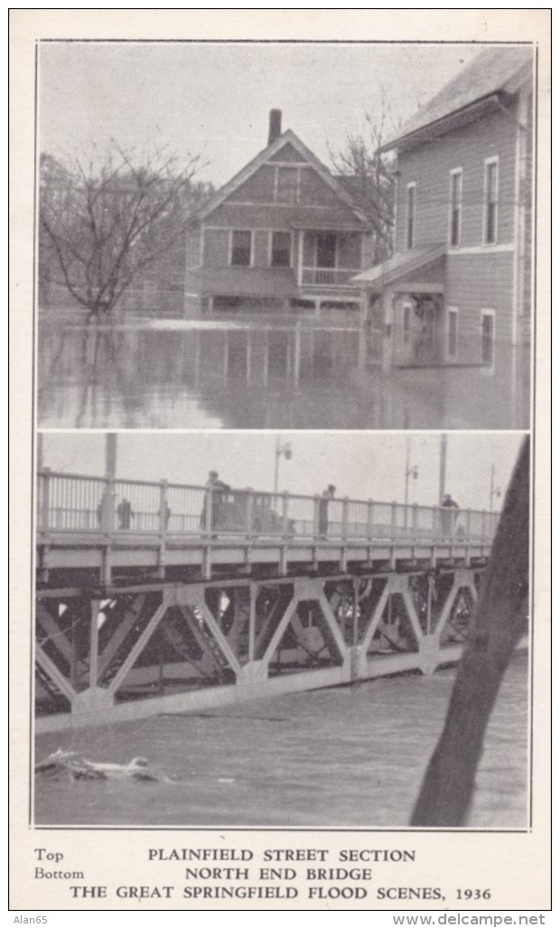 Springfield Massachusetts, 1936 Flood Scenes, Plainfiled Street Section And North End Of Bridge, C1930s Vintage Postcard - Springfield