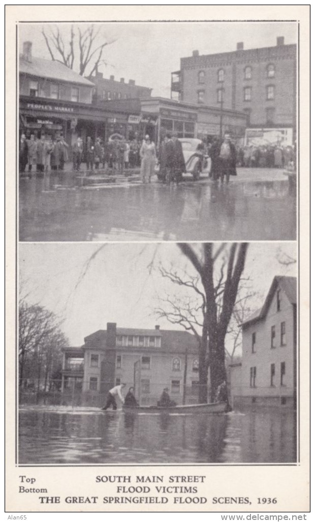 Springfield Massachusetts, 1936 Flood Scenes South Main Street Business District Victims In Boat C1930s Vintage Postcard - Springfield