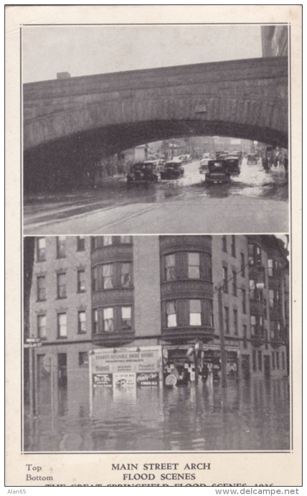 Springfield Massachusetts, 1936 Flood Scenes Main Street Arch &amp; Business District C1930s Vintage Postcard - Springfield