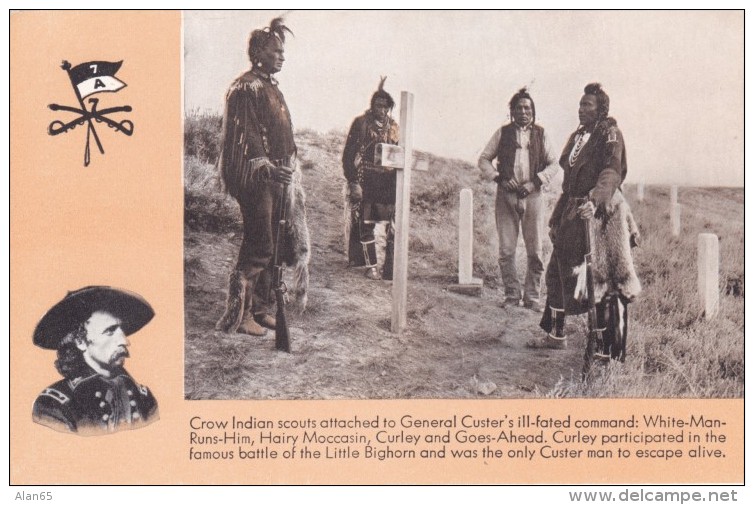 Crow Indian Scouts For General Custer, Curley Only Survivor Of Battle Of Little Bighorn, C1940s Vintage Postcard - Other Wars