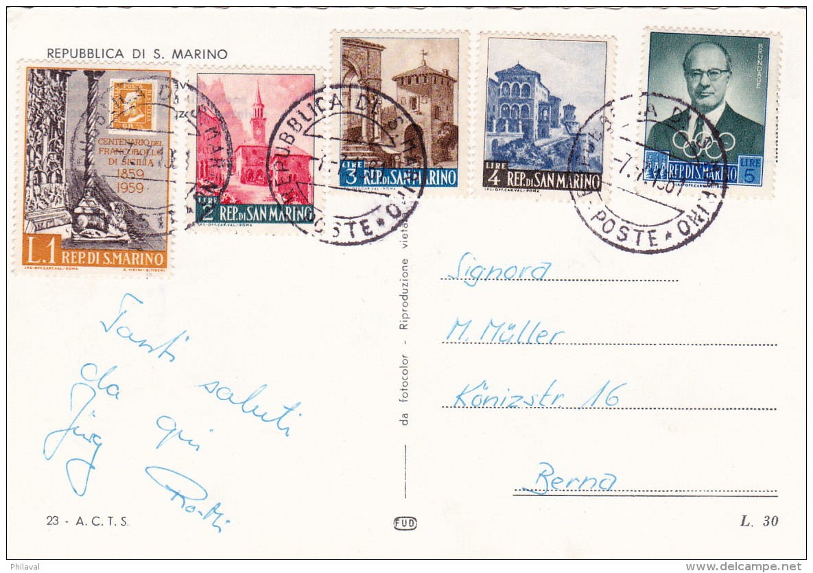 Affranchissement Sur Carte  Postale De St.Marin - 7.7.1961 - Covers & Documents