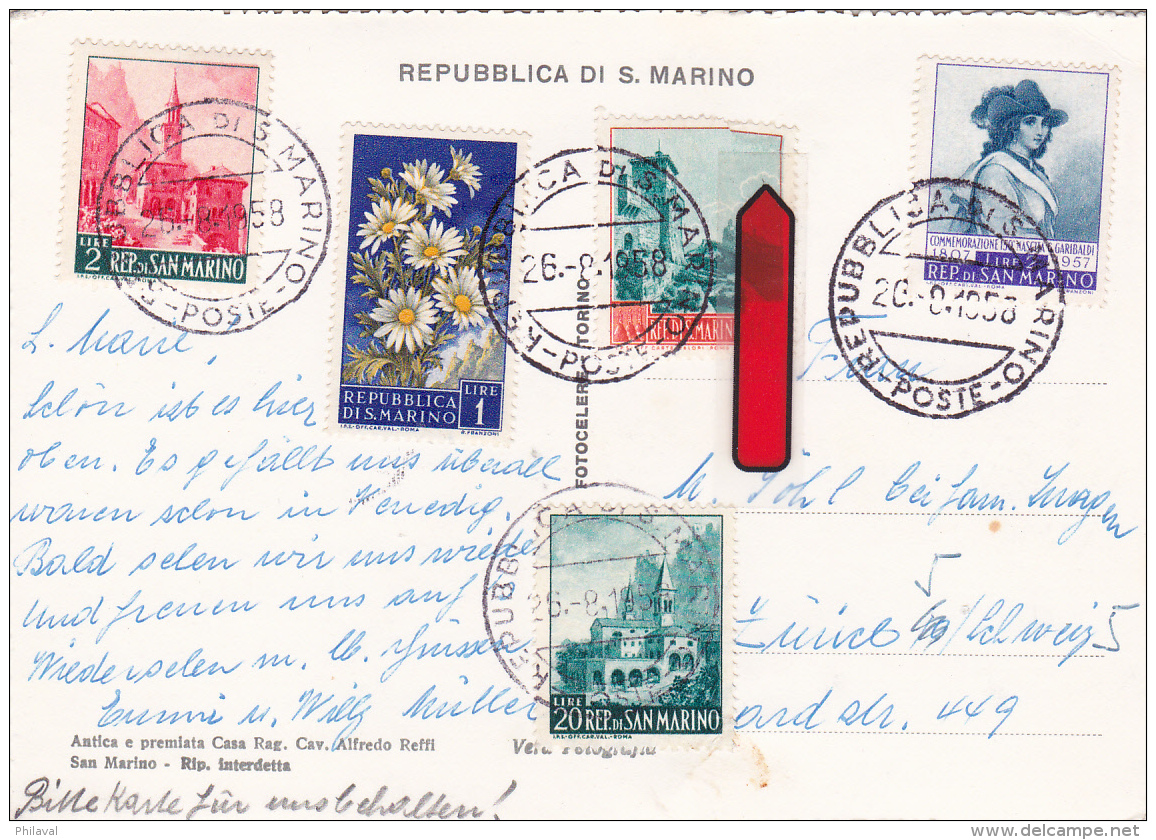 Affranchissement Sur Carte  Postale De St.Marin - 26.8.1958 - Storia Postale