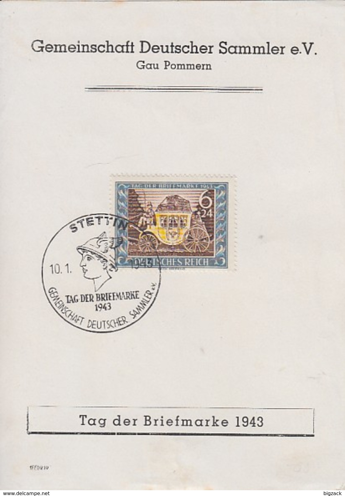 DR Anlasskarte Gau Pommern Tag Der Briefmarke 1943 Minr.828 SST Stettin 10.1.43 - Briefe U. Dokumente