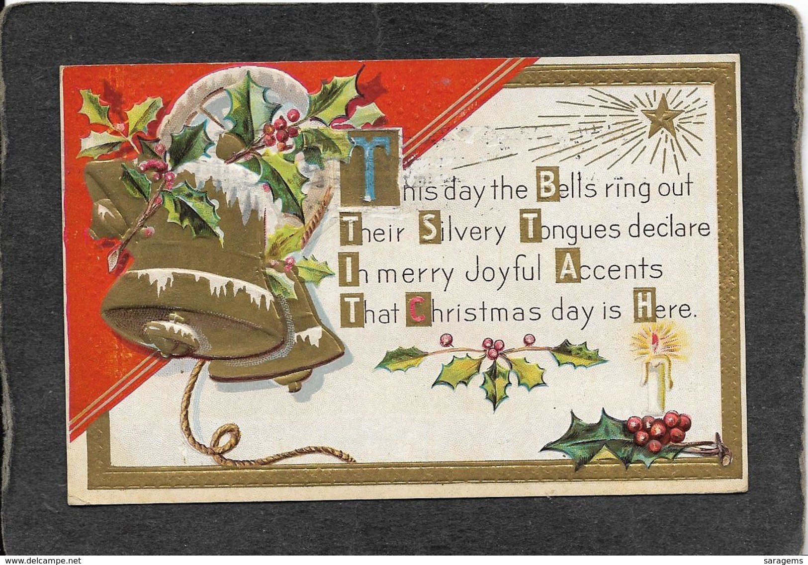 Bells And Holly At Xmas"This Day The Bells Ring Out"1911 - Ellen Clapsaddle Antique Wolf & Co.postcard - Clapsaddle