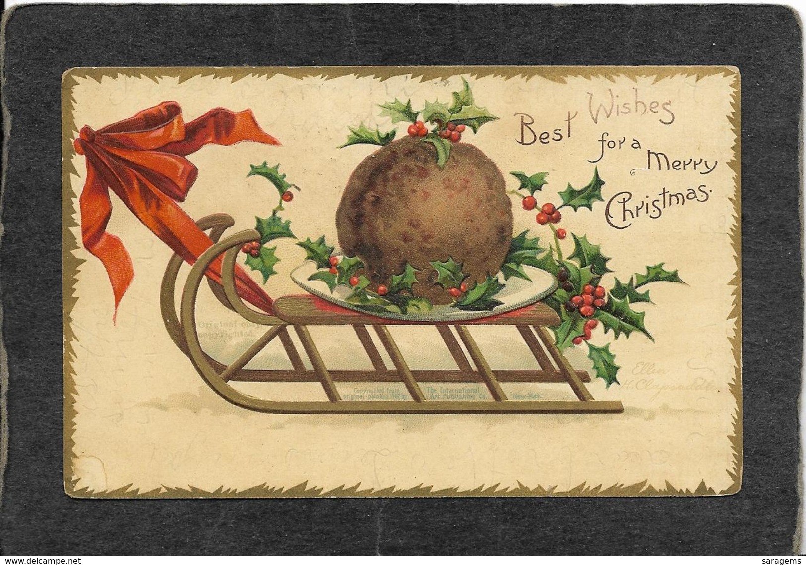 Xmas Sled Pulling Turnip"Best Wishes" - Ellen Clapsaddle Signed Antique Postcard - Clapsaddle