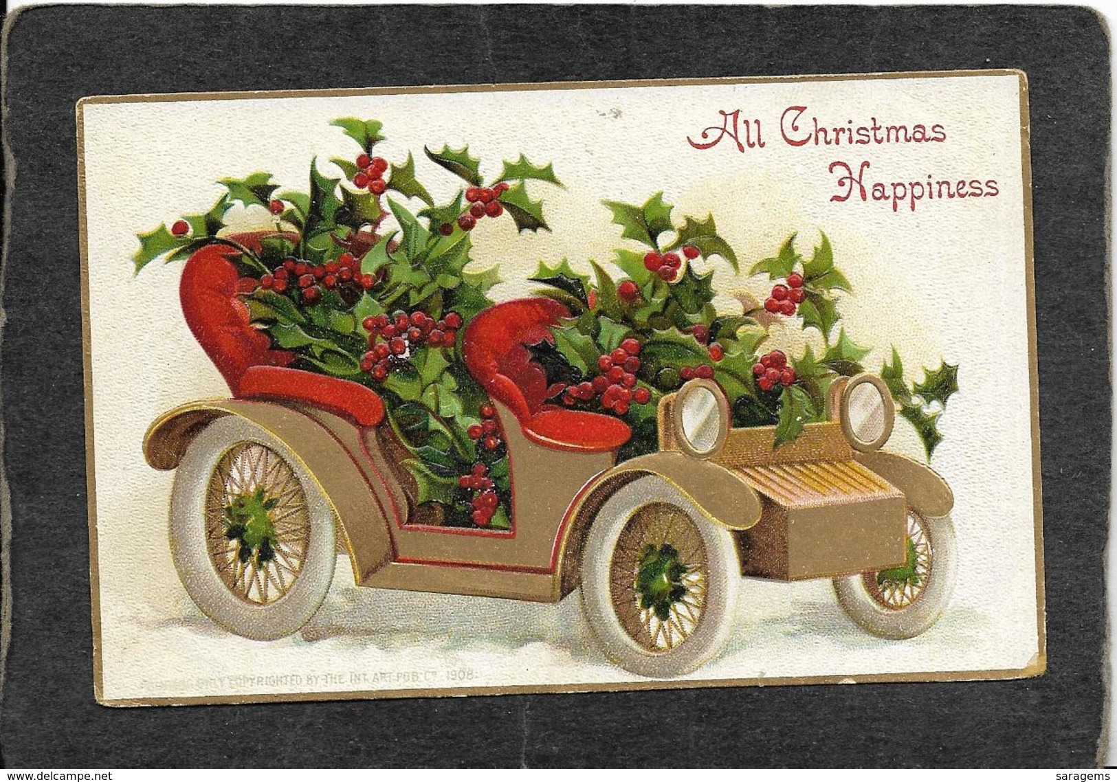 Automobile Crammed With Holly"All Christmas Happiness" - Ellen Clapsaddle Antique Postcard - Clapsaddle