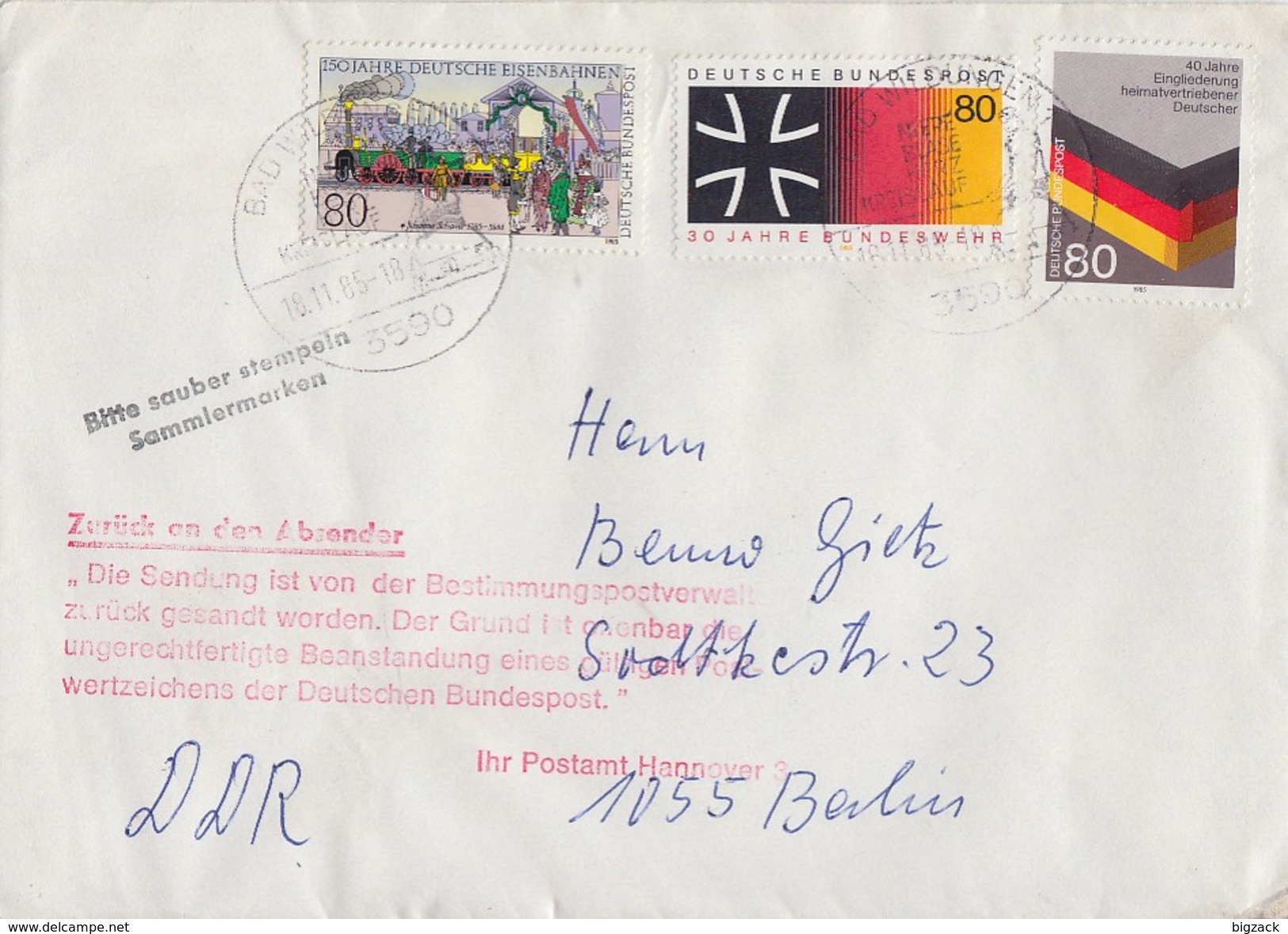 Bund Brief Mif Minr.1264,1265,1266 Bad Wildungen 18.11.85 Gel. In DDR Nebenstempel Postkrieg Ansehen !!!!!!!!!!! - Briefe U. Dokumente