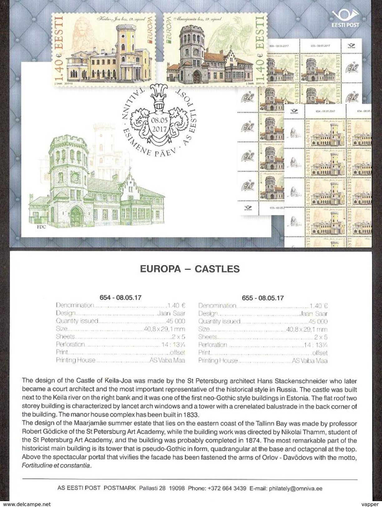 EUROPA - Castles  Estonia 2017 2 Stamps Presentation Card (engl) Mi 890-91 - 2017