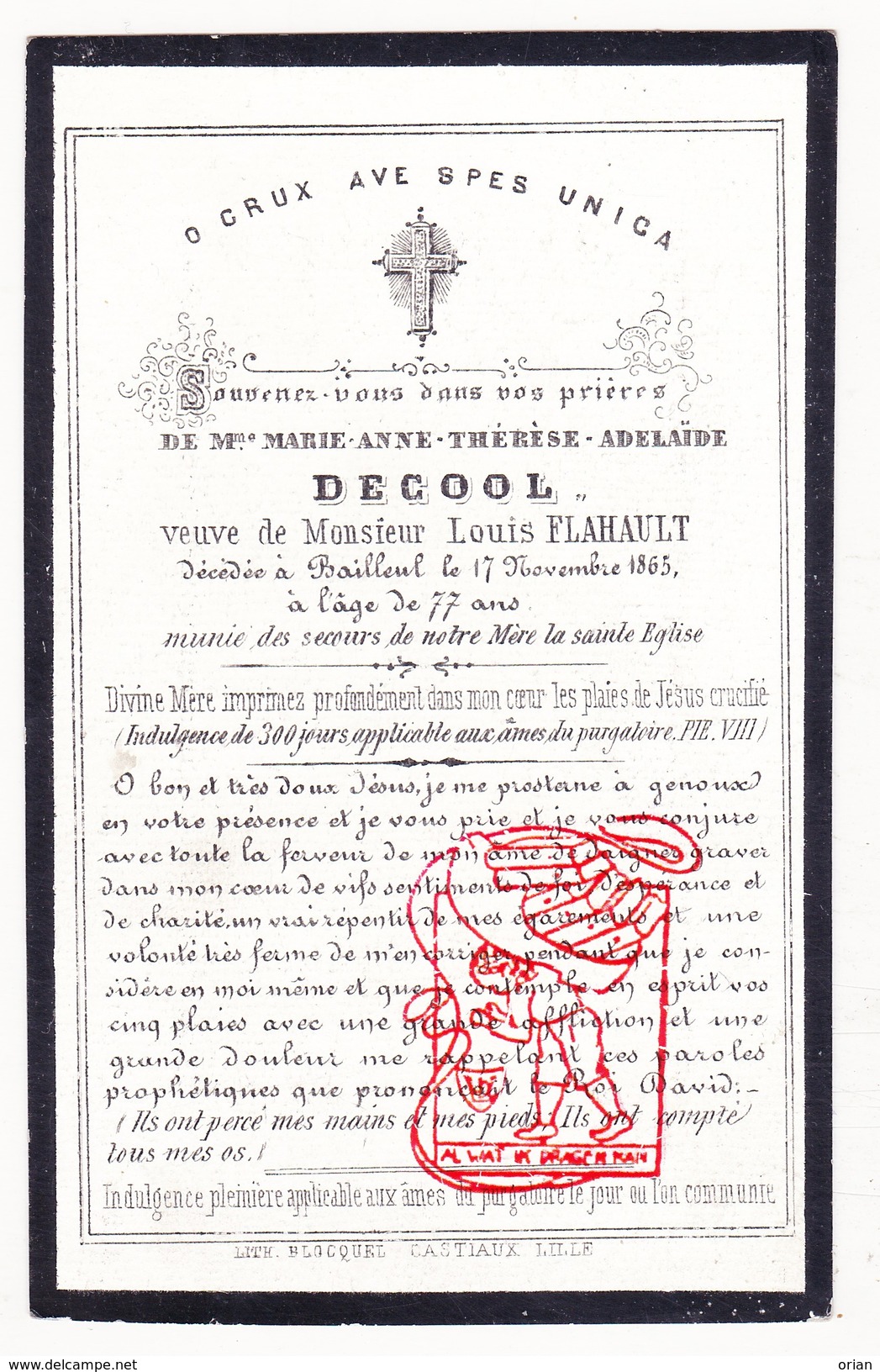 Image Pieuse DP Marie Anne Th. DeCool ° 1788 &dagger; Bailleul FR Nord 1865 X Louis Flahault - Andachtsbilder