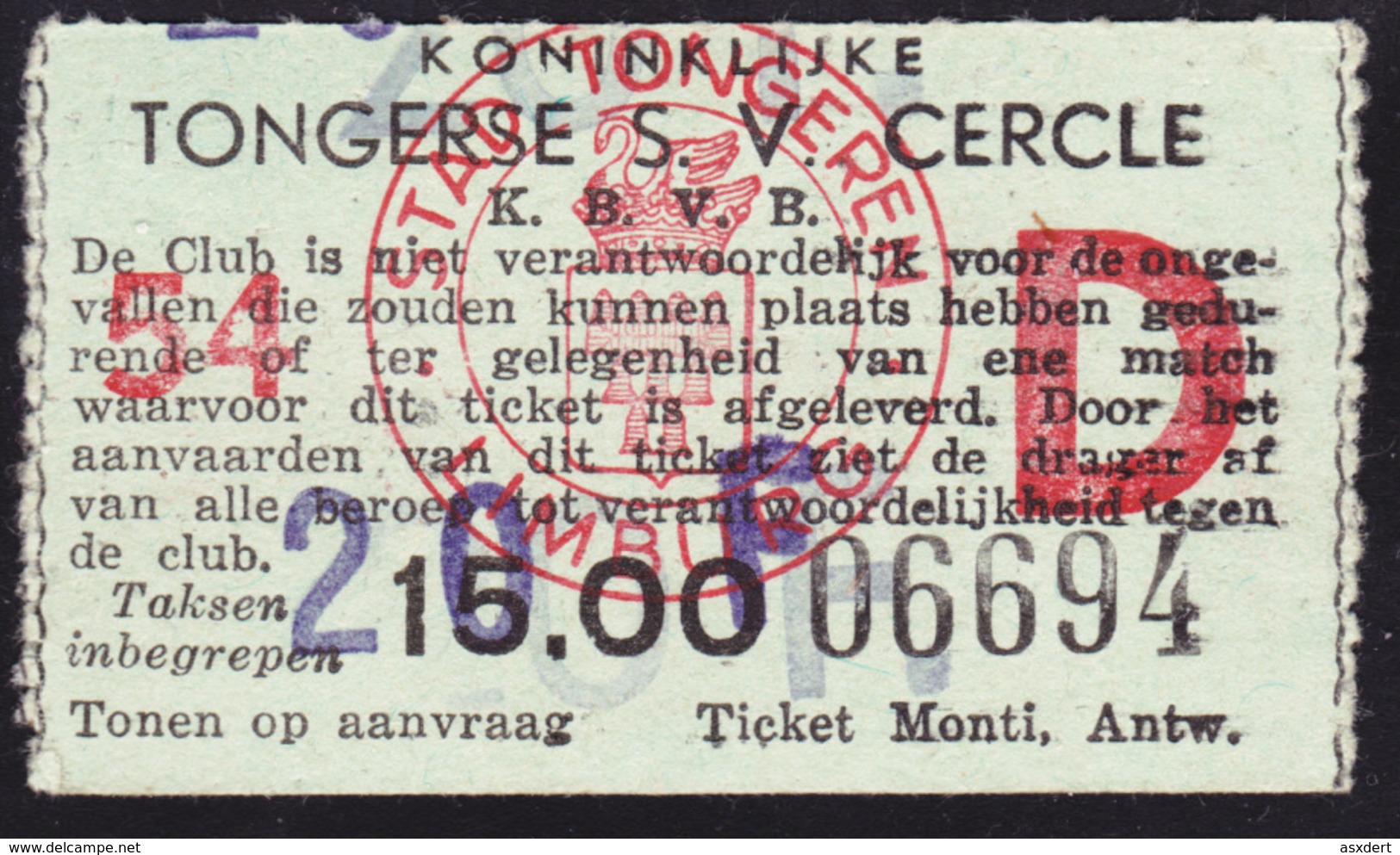 TICKET - VOETBAL - FOOTBALL - TONGERSE S.V. CERCLE -  Stamnr. 54 - Toegangskaarten