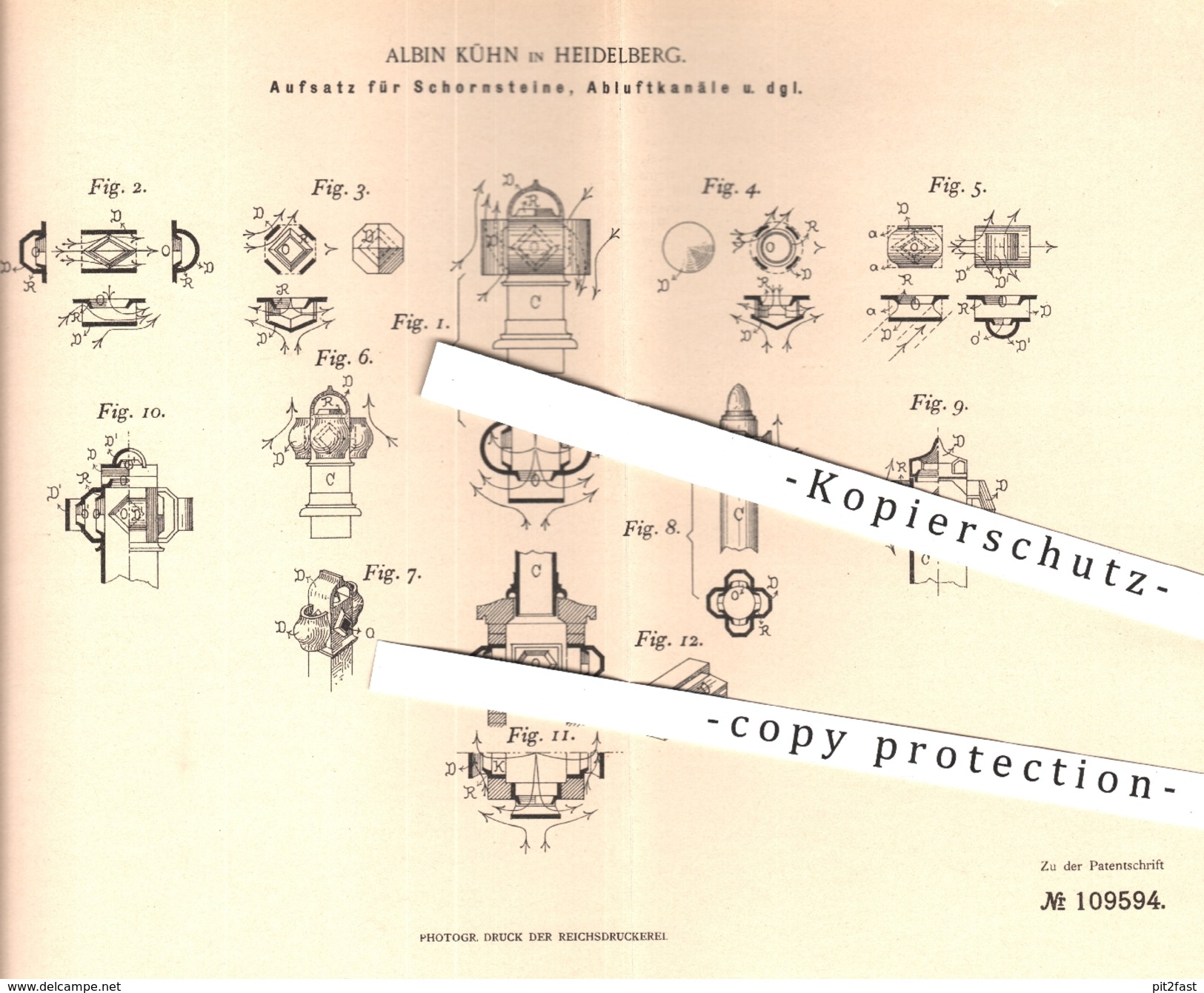 Original Patent - Albin Kühn , Heidelberg , 1897 , Aufsatz Für Schornstein , Abluftkanal | Schornsteinfeger | Heizung !! - Historische Dokumente