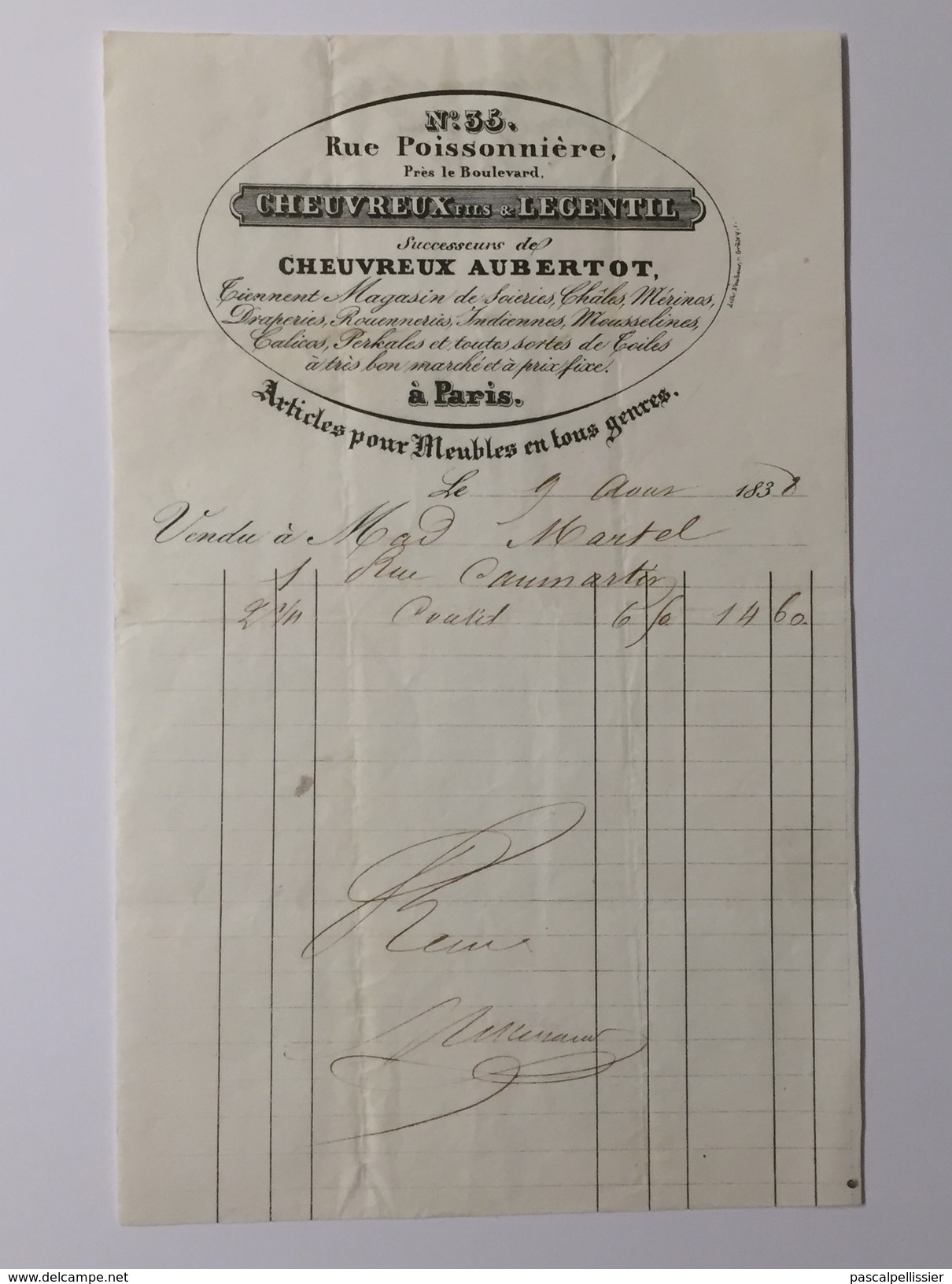 CHEUVREUX & LEGENTIL (Châles,Mérinos,Soierie,Mousseline ) - PARIS Facture Mme Edith MARTELL  (Cognacs MARTELL) 9.08.1838 - 1800 – 1899