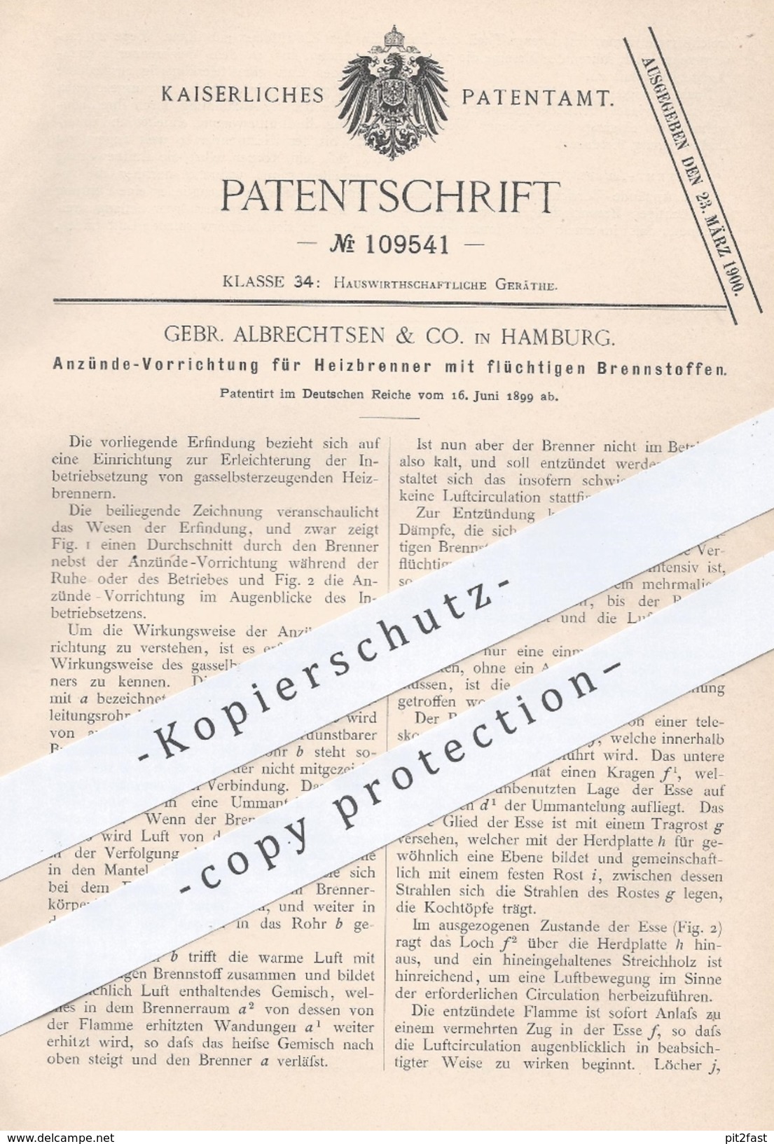 Original Patent - Gebr. Albrechtsen & Co. , Hamburg , 1899 , Heizbrenner Anzünden | Brenner , Gas , Gasbrenner !! - Historische Dokumente