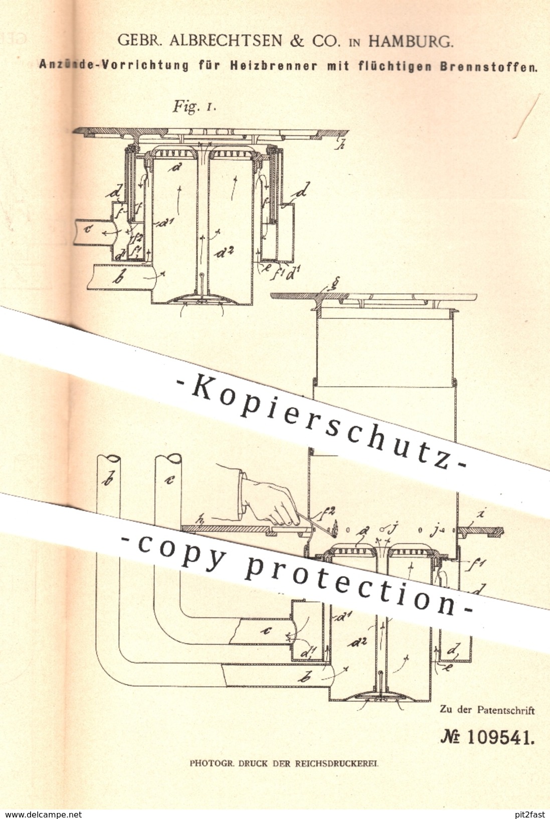 Original Patent - Gebr. Albrechtsen & Co. , Hamburg , 1899 , Heizbrenner Anzünden | Brenner , Gas , Gasbrenner !! - Historische Dokumente
