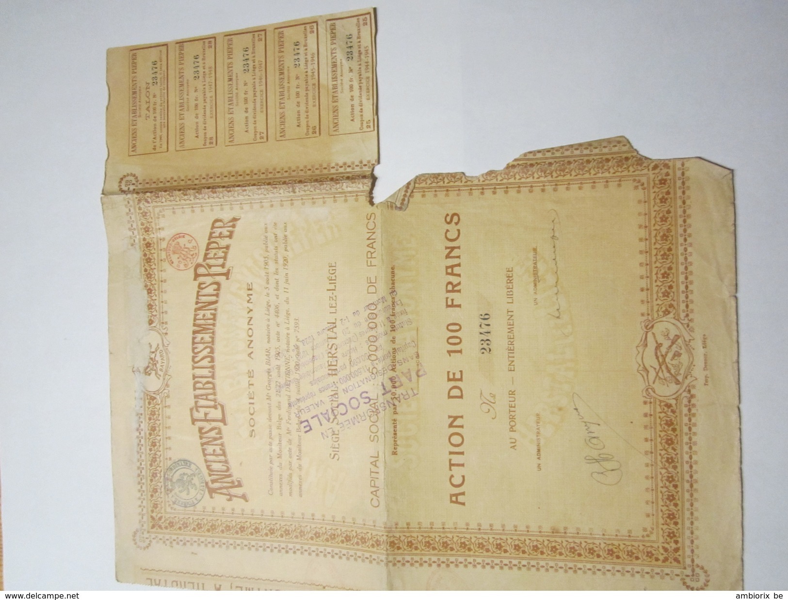 Anciens Etablissements Pieper  - Herstal - Action De 100 Francs - Voir Description - Industrie