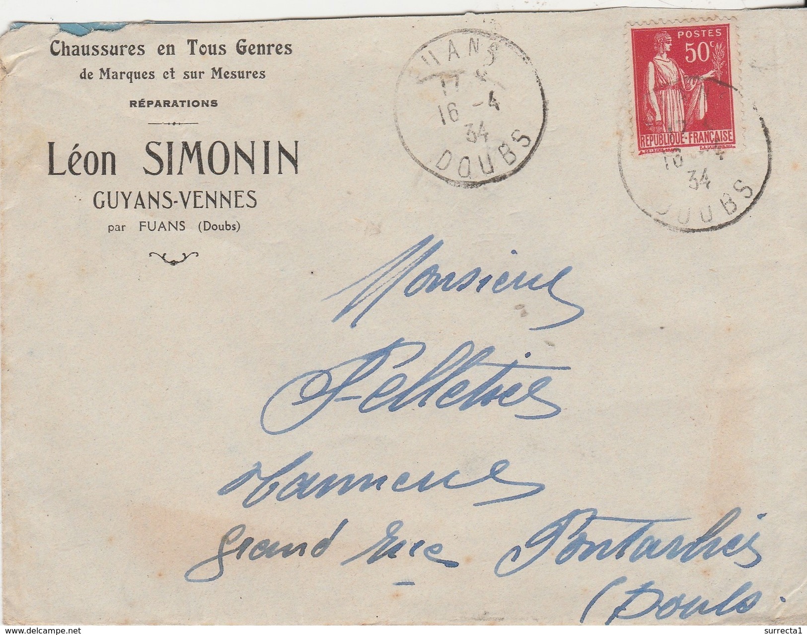 Enveloppe Commerciale 1934  / Léon SIMONIN / Chaussures / Guyans Vennes / Cachet De Fuans / 25 Doubs - Other & Unclassified