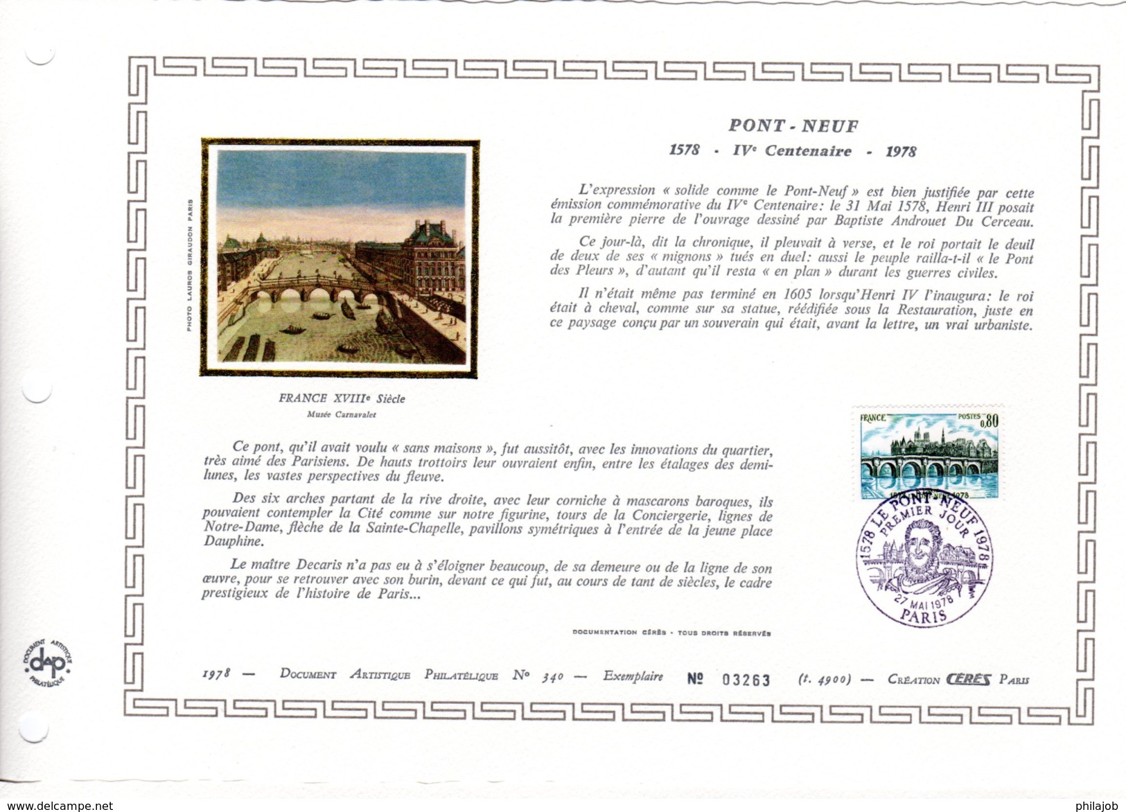 FRANCE 1978 : Feuillet  DAP 1° Jour CERES En Soie RARE (4900 Ex) " PONT-NEUF ". N° YT 1997. Parf état - Ponti