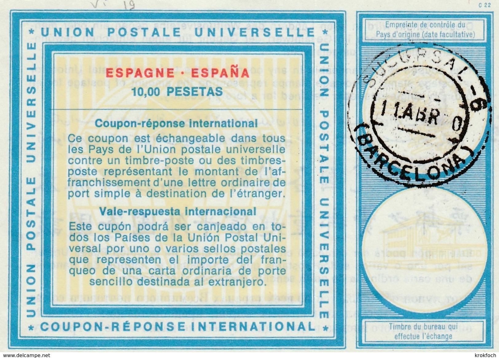 Coupon-réponse Espagne Vale-respuesta - 10 Pesetas - Barcelona 1970 - Modèle Vi 19 - 1931-....