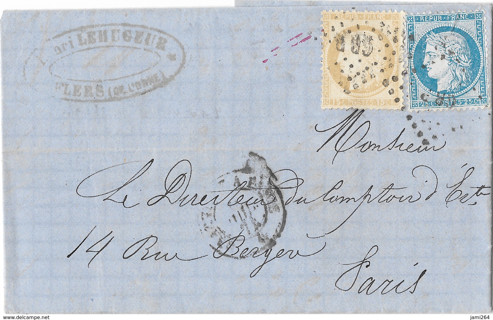 LETTRE.15C. CÉRÈS.GC. 25C TYPE 2 VAR .SUARNET.18; GERMAIN 19G5; GRIFFE GRP POSTE RESTANTE AU VERSO; TTB RARE - 1871-1875 Cérès