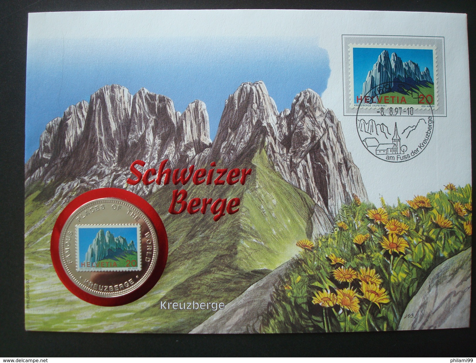 SWITZERLAND COVER W/h COIN UGANDA 1000 Sh 1996 / ALPINISM MOUNTAIN KREUZBERGE NUMISMATIC WORLD FAMOUS PLACES - Münzen