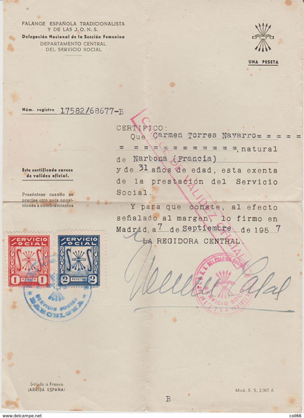 Falange Espanola Tradicionalista Yde Las J.O.N.S. 2 Tmbres Fiscaux Servicio Social 1957 Saludo A Franco Arriba Espana - Revenue Stamps