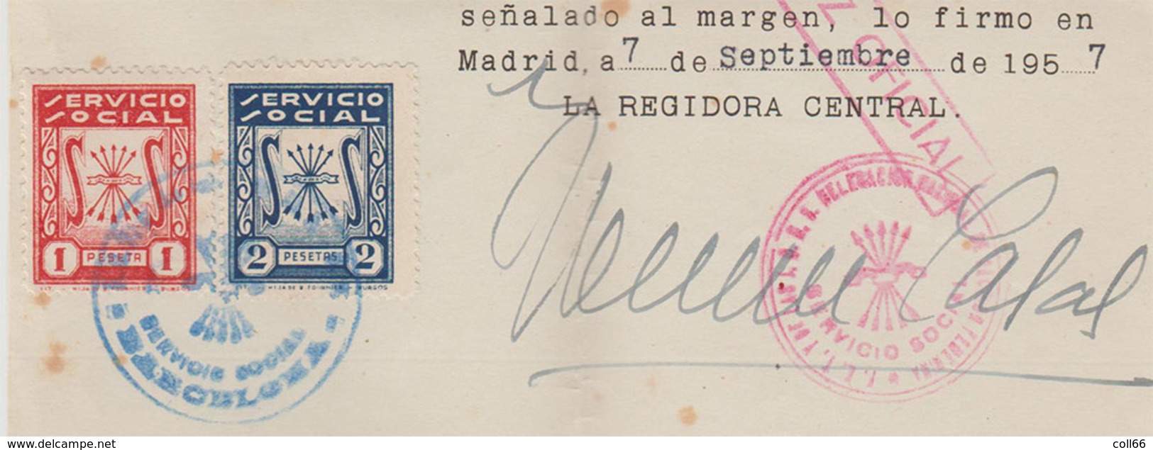 Falange Espanola Tradicionalista Yde Las J.O.N.S. 2 Tmbres Fiscaux Servicio Social 1957 Saludo A Franco Arriba Espana - Fiscaux