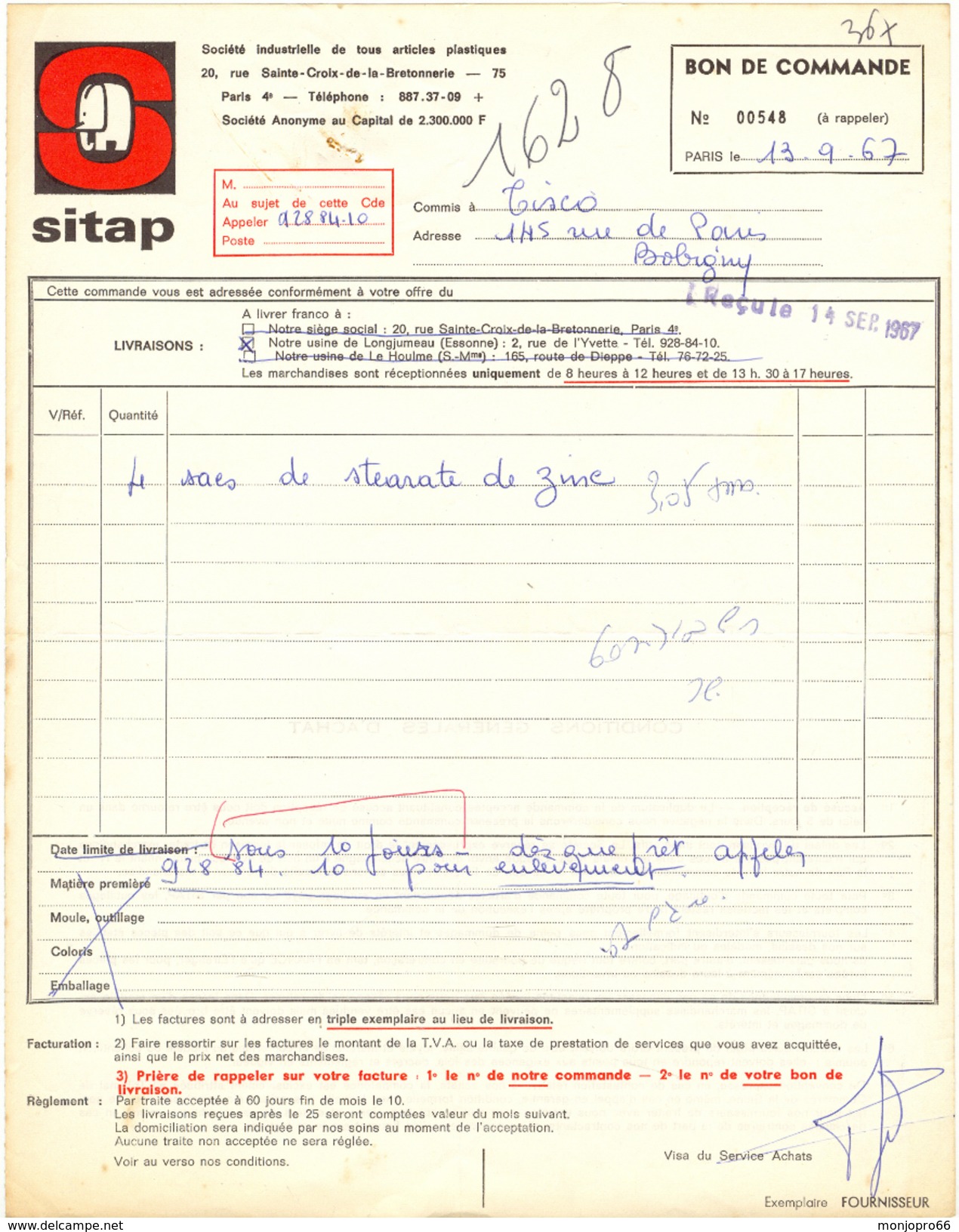 Bon De Commande De La Société SITAP  De Paris Et De 1967 - 1950 - ...