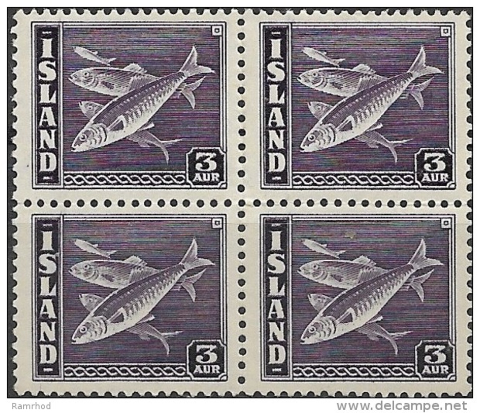 ICELAND 1939 Atlantic Herring - 3a. - Violet  MNH BLOCK OF 4 - Blokken & Velletjes